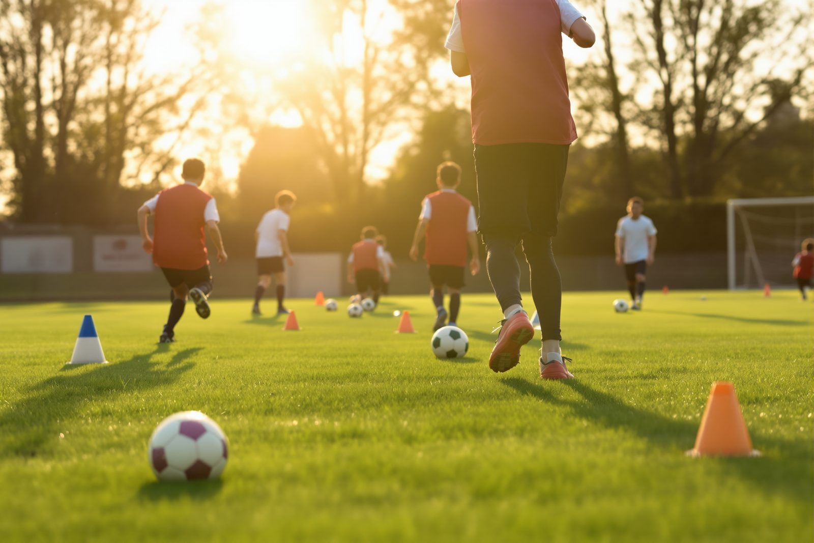 Young players dribbling through training cones at a club soccer session